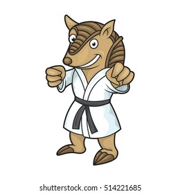 Vector cartoon armadillo in kimono doing karate