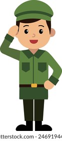 Vector cartoon army soldier saluting flat design illustration