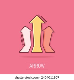 Vector cartoon arrow up icon in comic style. Forward arrow sign illustration pictogram. Cursor business splash effect concept.