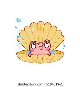 Vector cartoon art. Cute pearl oyster with big eyes isolated on white background. Kawaii illustration in tender colors. Cute snail with her shell