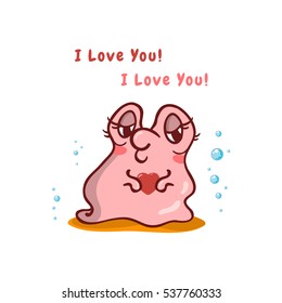 Vector cartoon art. Flirty pearl oyster with heart isolated on white background. Kawaii illustration in tender colors. Cute snail with water bubbles 