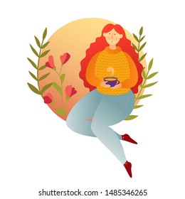 Vector cartoon art with a girl drinks hot drink. Girl with beautiful red long hair drinking tea of coffee. Body positive woman sitting and drinking tea. 
girl in a warm knitted sweater and jeans.