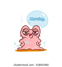 Vector cartoon art. Grumpy pearl oyster with toothbrush isolated on white background. Kawaii illustration in tender colors. Cute snail with water bubbles