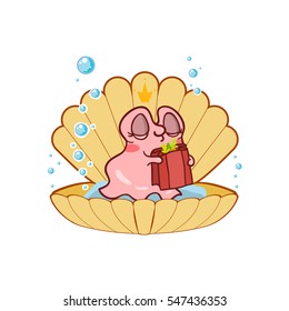 Vector cartoon art. Happy pearl oyster with pocket and shell isolated on white background. Kawaii illustration in tender colors. Cute snail with water bubbles