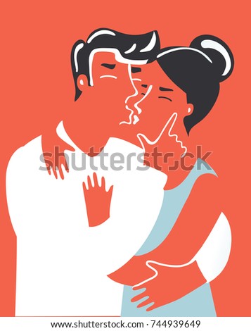 Vector cartoon art illustration of couple in love kissing for postcard design.