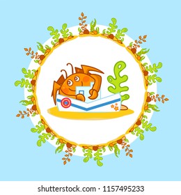 Vector cartoon art of kawaii crab in cute frame with seaweeds, corals, stones. Perfect for childish design, cards, prints, t-shirt and more. Illustration for design on blue background 