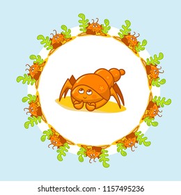 Vector cartoon art of kawaii crab in cute frame with seaweeds, corals, stones. Perfect for childish design, cards, prints, t-shirt and more. Illustration for design on blue background 