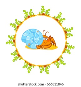 Vector cartoon art of kawaii crab in cute frame with seaweeds, corals, stones. Perfect for childish design, cards, prints, t-shirt and more. Illustration for design on white background 