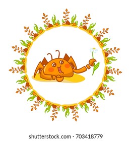 Vector cartoon art of kawaii crab in cute frame with seaweeds, corals, stones. Perfect for childish design, cards, prints, t-shirt and more. Illustration for design on white background 