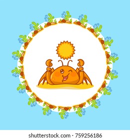Vector cartoon art of kawaii crab in cute frame with seaweeds, corals, stones. Perfect for childish design, cards, prints, t-shirt and more. Illustration for design on blue background 