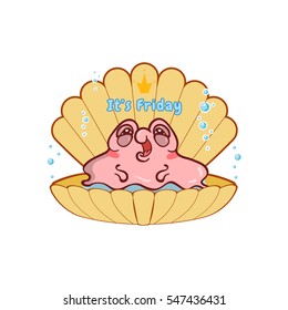 Vector cartoon art. Very happy pearl oyster with shell isolated on white background. Kawaii illustration in tender colors. Cute snail with water bubbles