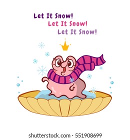 Vector cartoon art. Very happy pearl oyster isolated on white background. Kawaii illustration in tender colors. Cute snail with winter scarp and snowflakes in shell 