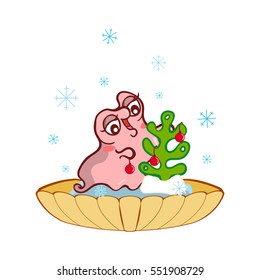Vector cartoon art. Very happy pearl oyster isolated on white background. Kawaii illustration in tender colors. Cute snail with coral Christmas tree and snowflakes in shell