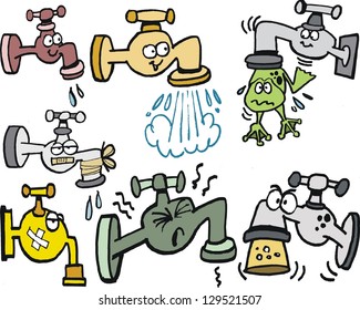 Vector cartoon of assorted taps, leaks and frog..