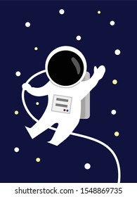 vector cartoon astronaut fly in space among star blue background waving hand
