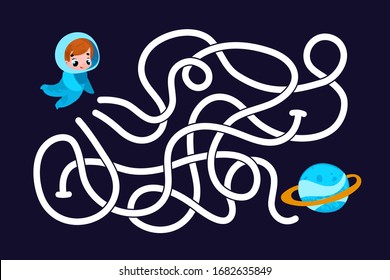 Vector cartoon astronaut and planet. Vector illustrations for children books. Labyrinth. Educational game for children. 