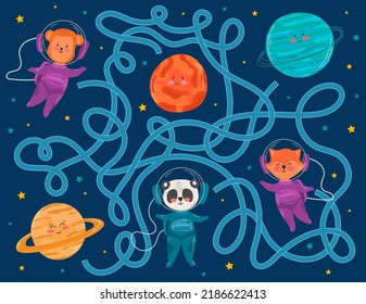 Vector cartoon astronaut and planets. Vector illustrations for children books. Labyrinth. Educational game for children. Help cosmonaut find path to planet. Labyrinth. Maze game for kids.