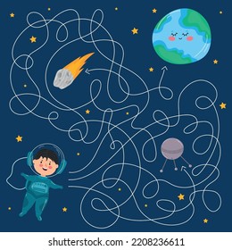 Vector cartoon astronaut and planets. Vector illustrations for children books. Educational game for children. Help cosmonaut find path to planet. Labyrinth. Maze game for kids. Boy and Earth