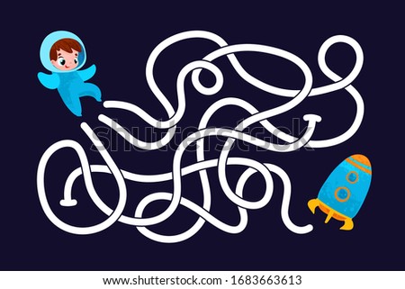 Vector cartoon astronaut and rocket. Vector illustrations for children books. Labyrinth. Educational game for children. 