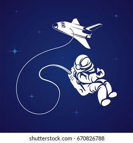 Vector cartoon astronaut and shuttle in open space