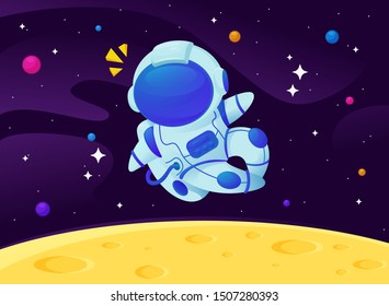 Vector cartoon astronauts floating in the galaxy with a sparkling star background.