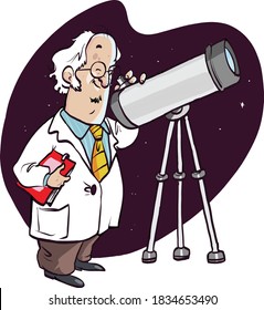 Vector cartoon astronomer looking through a telescope.