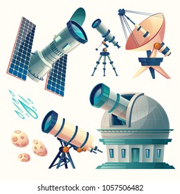 Vector cartoon astronomy set. Astronomical telescopes - radio, orbital. Planetarium, observatory, satellite dish, antenna. Scientific equipment for observation meteors, comets sky stars