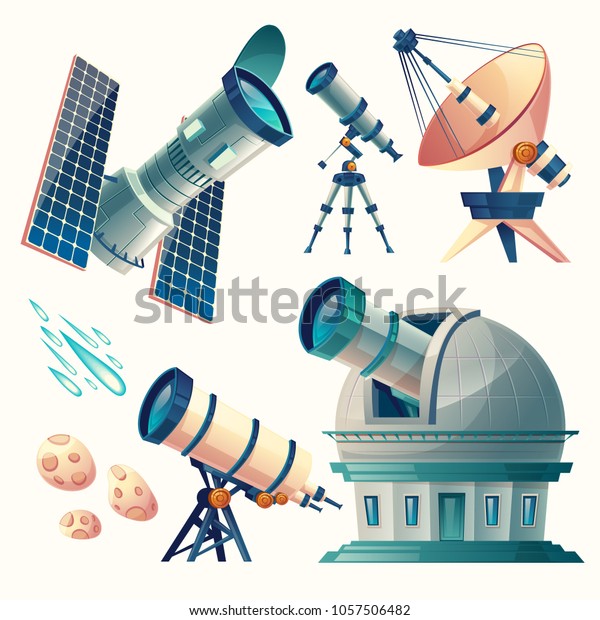 Vector cartoon astronomy set. Astronomical
telescopes - radio, orbital. Planetarium, observatory, satellite
dish, antenna. Scientific equipment for observation meteors, comets
sky stars