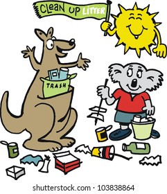 Vector cartoon of Australian animals learning to pick up rubbish and litter