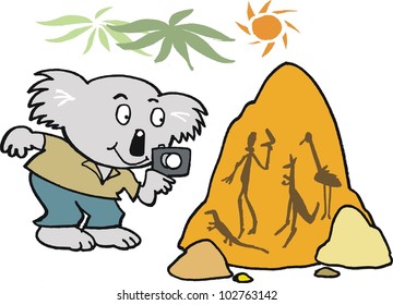 Vector cartoon of Australian koala bear taking photograph of aboriginal rock art