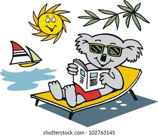 Vector cartoon of Australian koala relaxing outdoors in deck chair.