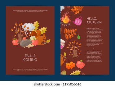 Vector cartoon autumn elements and leaves card or flyer template illustration. Set of web banner