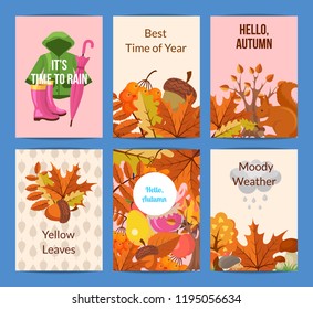 Vector cartoon autumn elements and leaves card or flyer template illustration. Colored poster for web