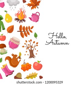 Vector cartoon autumn elements and leaves background with place for text illustration. Poster and banner