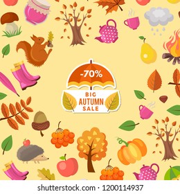 Vector cartoon autumn elements and leaves sale background with place for text illustration. Colored card ot web banner