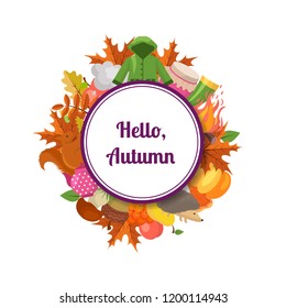 Vector cartoon autumn elements and leaves under circle with place for text illustration isolated on white