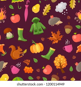 Vector cartoon autumn elements and leaves pattern or background illustration. Colored fall pattern season