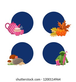 Vector cartoon autumn elements and leaves stickers with place for text set illustration isolated on white