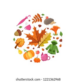 Vector cartoon autumn elements and leaves in circle shape illustration. Autumnal label emblem with apple and coat, tea and pear