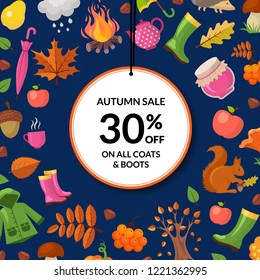 Vector cartoon autumn elements and leaves sale background with place for text illustration. Discount sale autumn banner with badge