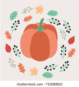 Vector cartoon autumn illustration of pumpkin decorated with red and green leaves around. Cute modern style design in fall mood. Print  greeting invitation card or print, poster design