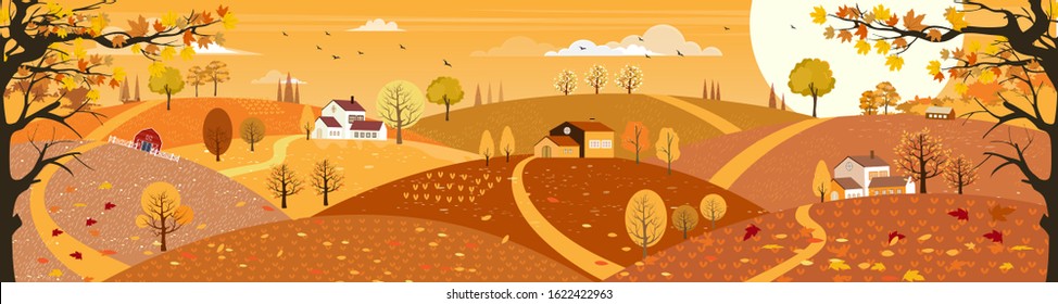 Vector cartoon Autumn landscape, Rural village with farm fields,house, barn, leaves falling from maples trees, orangeky and clouds, Panoramic countryside landscape in fall season