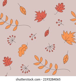 Vector cartoon autumn leaves seamless pattern, cute doodle wallpaper image on yellow background, hello autumn.