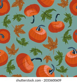 Vector cartoon autumn seamless pattern with pumpkins and dry torn maple leaves isolated on gray-green background.