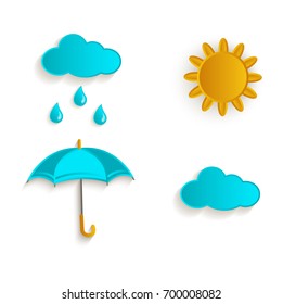 vector cartoon autumn symbol objects set. Isolated illustration on a white background. Rain cloud, sun and umbrella. Autumn object concept