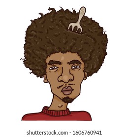 Vector Cartoon Avatar - African American Man with Afro Hairstyle and Comb in Hair. Male Character Portrait.