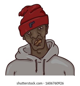 Vector Cartoon Avatar - Afro American Man in Red Hat and Gray Hoodie. Male Character Portrait.