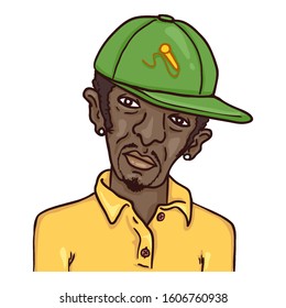 Vector Cartoon Avatar - Afro American Man in Baseball Cap. Male Character Portrait.