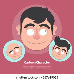 Vector cartoon avatar characters set.  Hipster, bald and normal flat heads in circles.