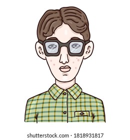 Vector Cartoon Avatar - Nerd Boy in Eyeglasses . Schoolboy Character Portrait